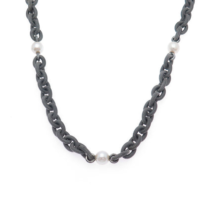 925 Sterling Silver Black Rhodium Vintage Real Diamond Pearl Chain Necklace 32"