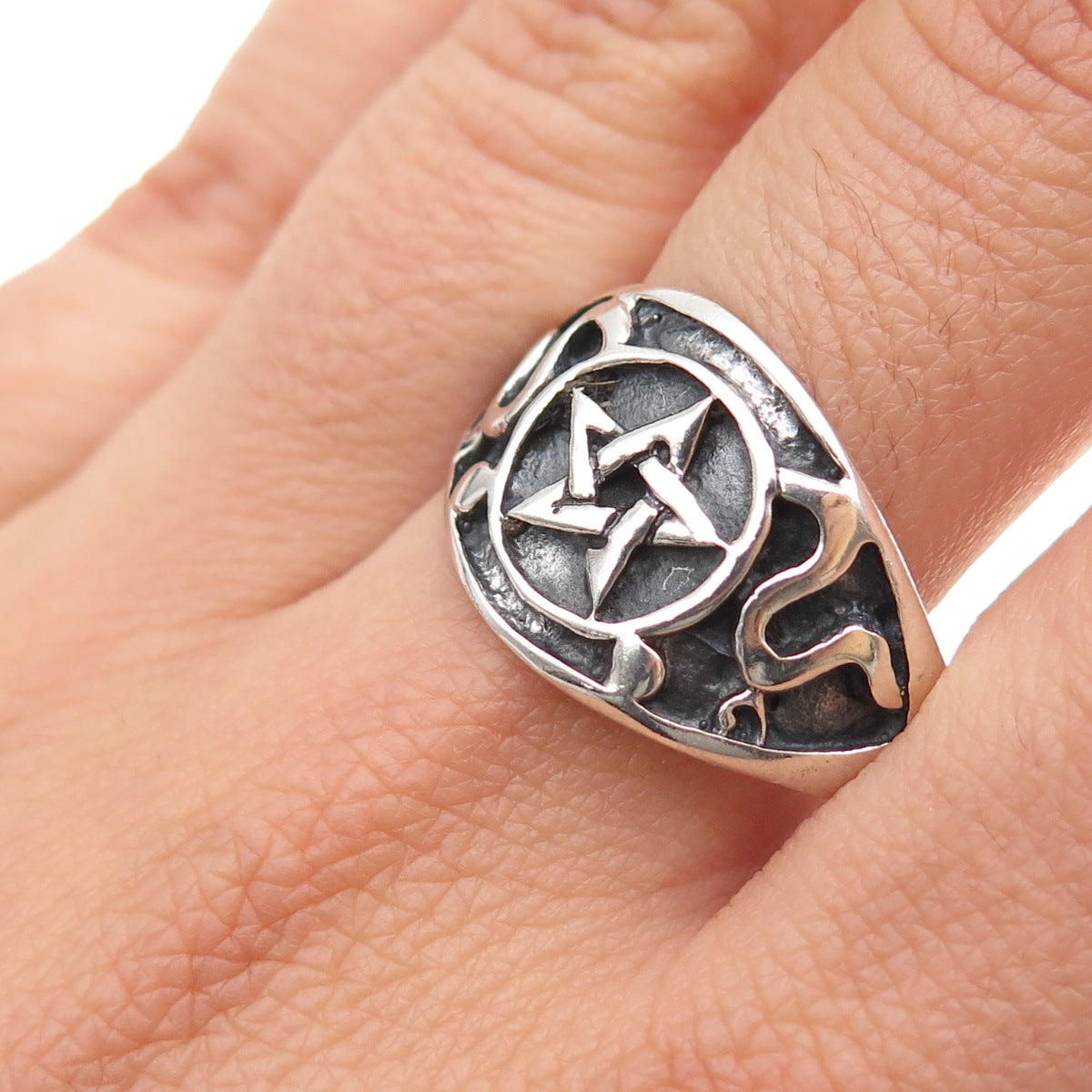 925 Sterling Silver Vintage Pentagram Oxidized Ring Size 12