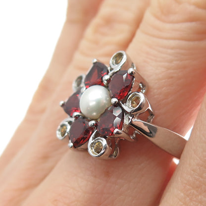 925 Sterling Silver Vintage Real Pearl Red Garnet Citrine Flower Ring Size 7.25