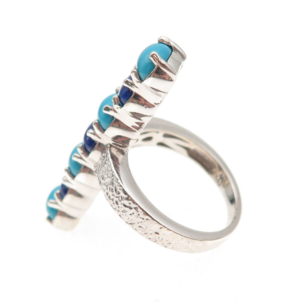 925 Sterling Silver Real Cabochon Turquoise & Lapis Bar Ring Size 8.25