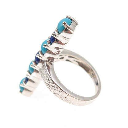925 Sterling Silver Real Cabochon Turquoise & Lapis Bar Ring Size 8.25