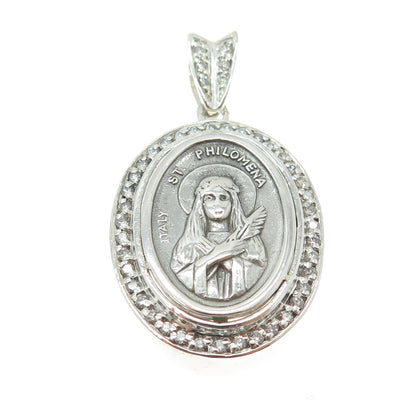 925 Sterling Silver Italy Real Round-Cut Diamond St. Philomena Pendant