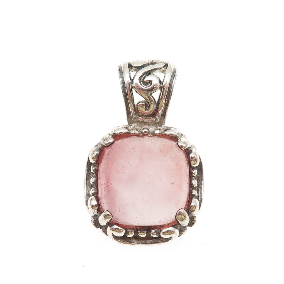 925 Sterling Silver Vintage Real Rose Quartz Swirl Oxidized Charm Pendant