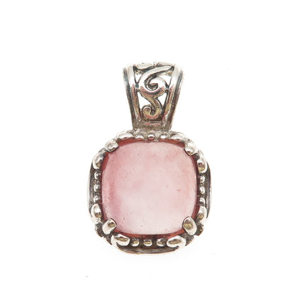 925 Sterling Silver Vintage Real Rose Quartz Swirl Oxidized Charm Pendant