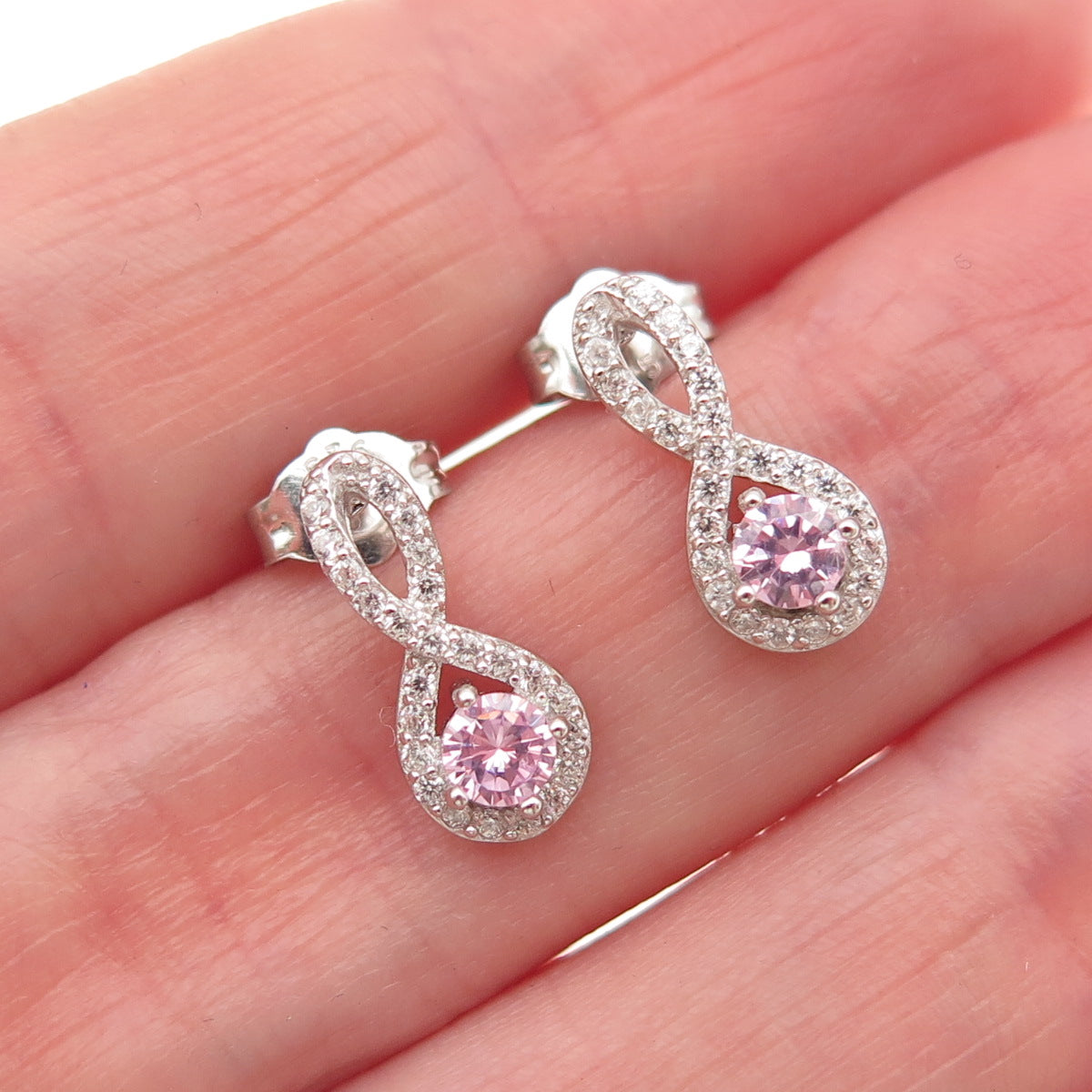 925 Sterling Silver Round-Cut Pink & White C Z Infinity Earrings
