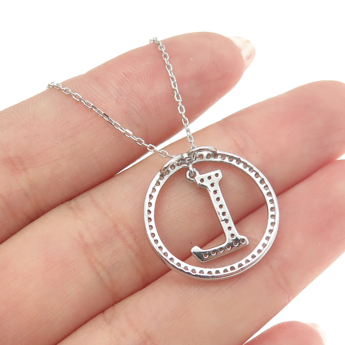 925 Sterling Silver Round-Cut C Z Letter "L" Initial Cable Chain Necklace 16-18"