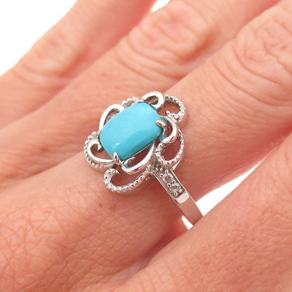 925 Sterling Silver Real Sleeping Beauty Turquoise & Topaz Floral Ring Size 8