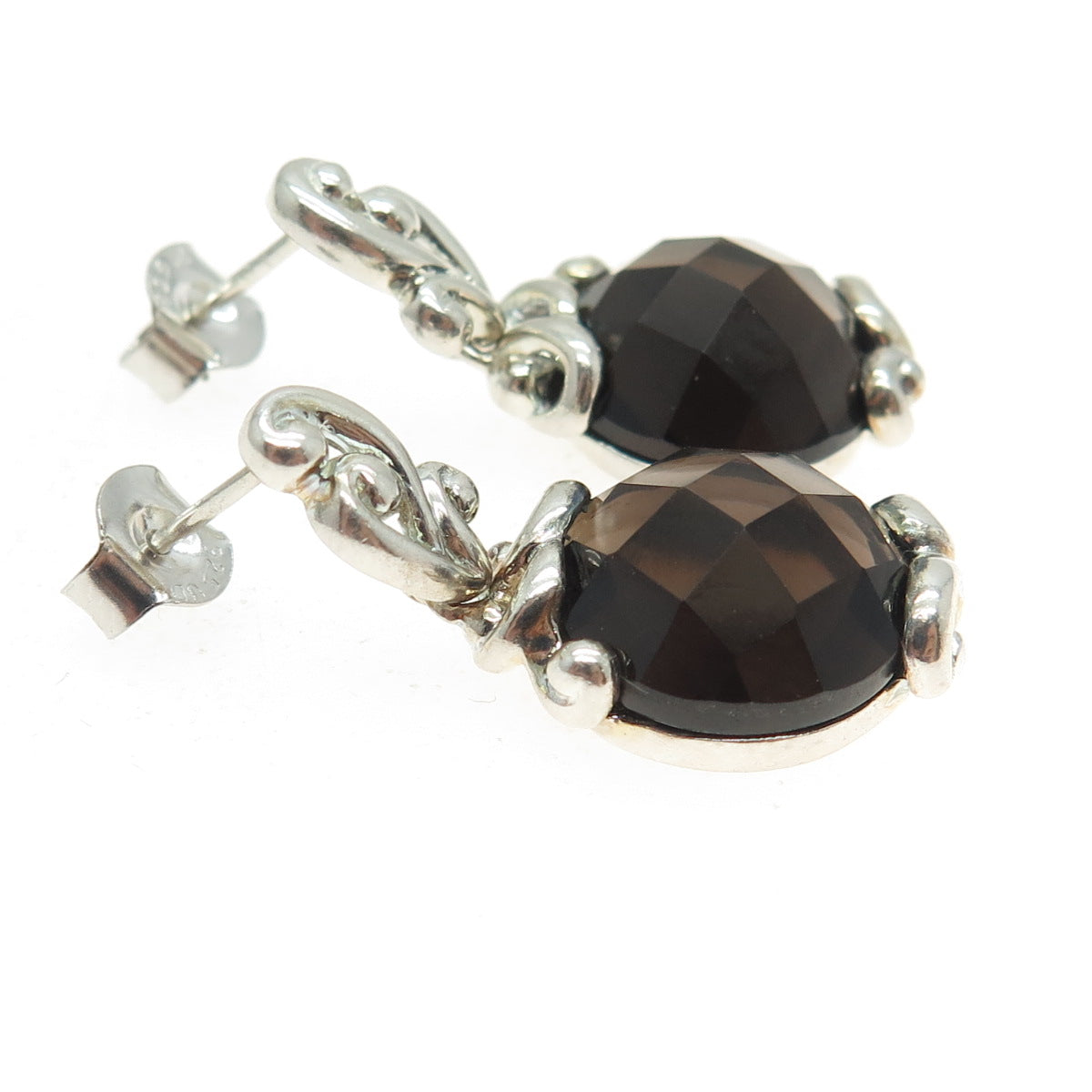 925 Sterling Silver Vintage Real Smoky Quartz Ornate Dangling Earrings