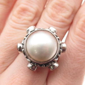 925 Sterling Silver Vintage Real Pearl & Red Garnet Modernist Ring Size 7