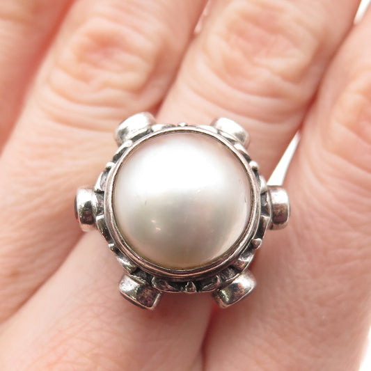 925 Sterling Silver Vintage Real Pearl & Red Garnet Modernist Ring Size 7