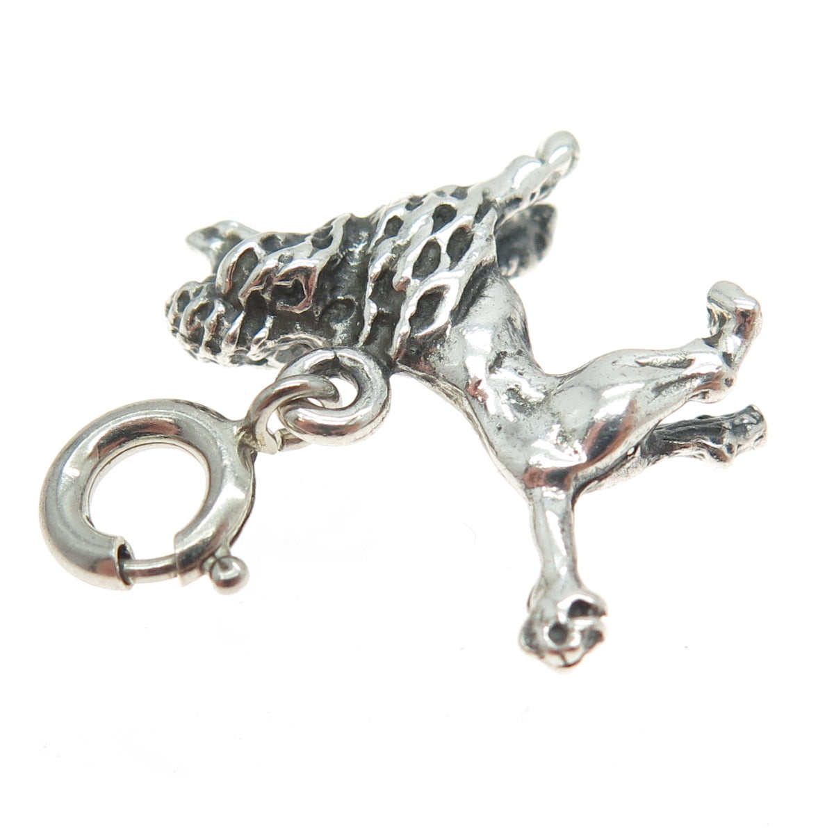 925 Sterling Silver Vintage Poodle Dog Spring Ring Lock Charm Pendant