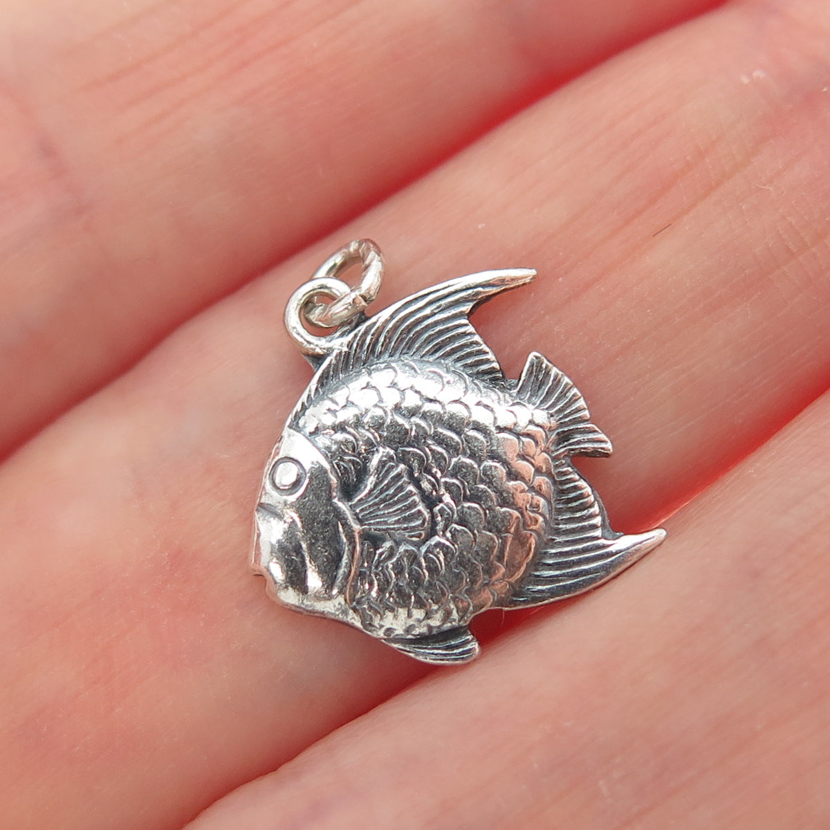 925 Sterling Silver Vintage Angel Fish Oxidized Minimalist Charm Pendant