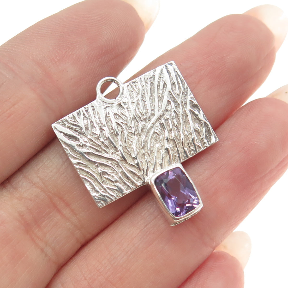 925 Sterling Silver Vintage Real Amethyst Modernist Pendant