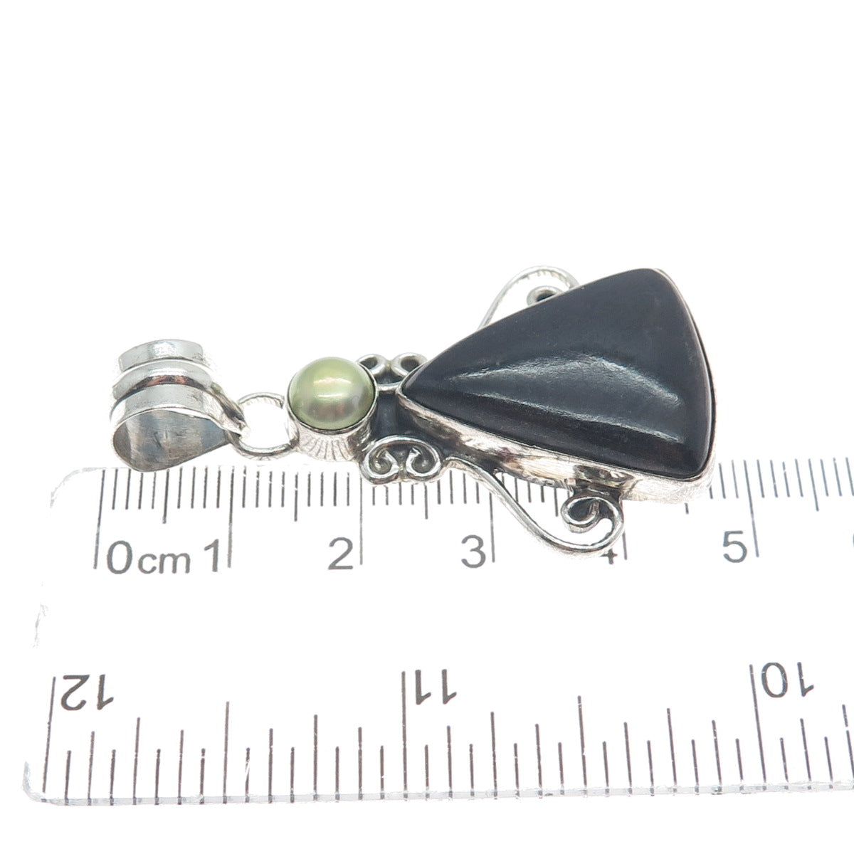 925 Sterling Silver Vintage Real Pearl & Black Onyx Modernist Oxidized Pendant