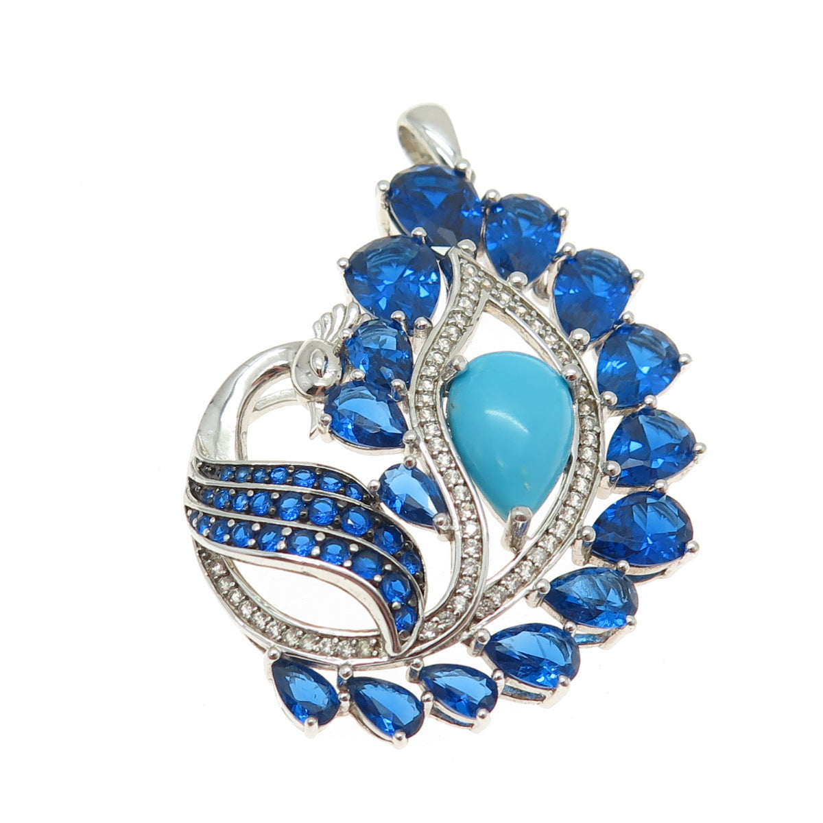 925 Sterling Silver Real Turquoise Blue & White Topaz Peacock Bird Pendant