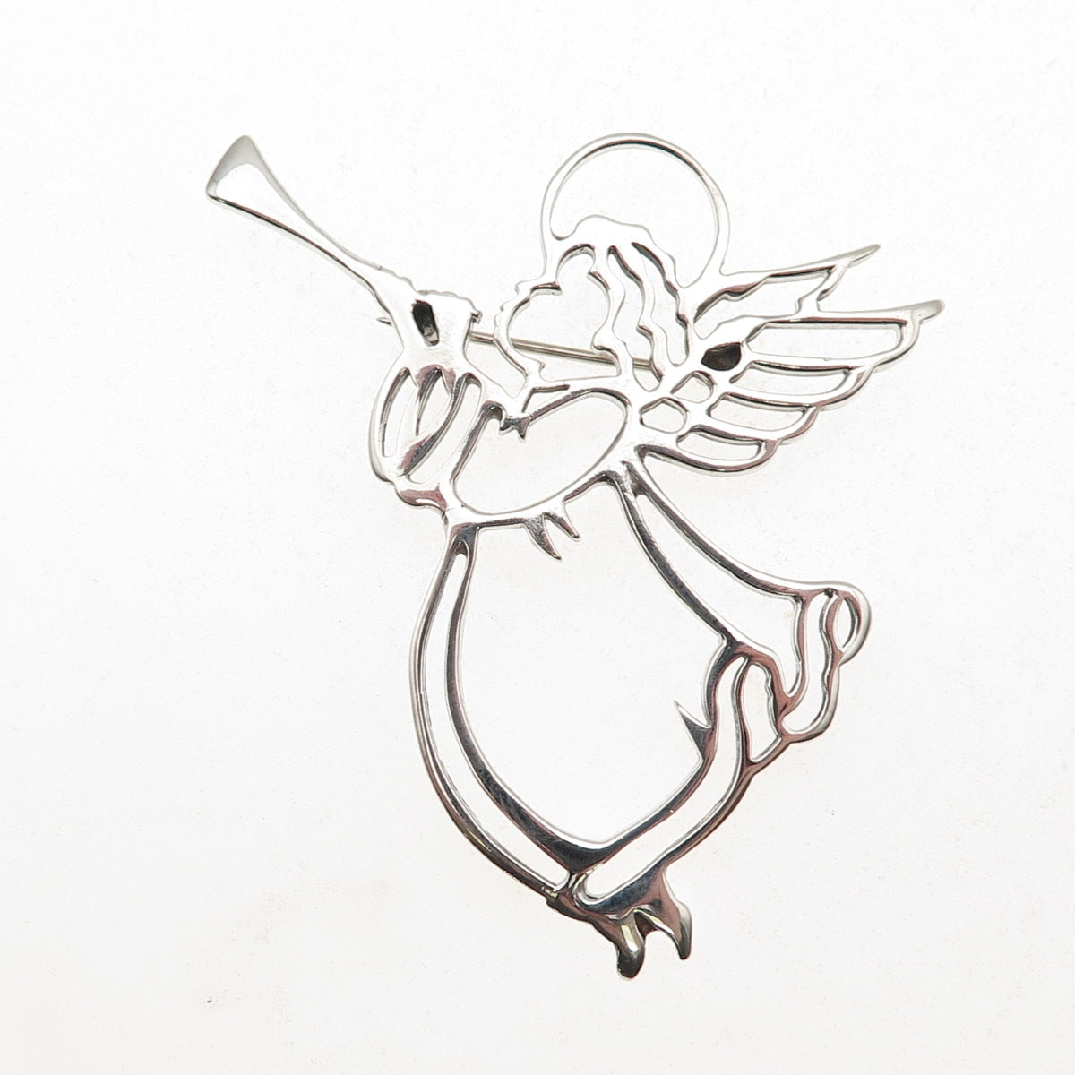 925 Sterling Silver Vintage Angel Playing Trumpet Pin Brooch