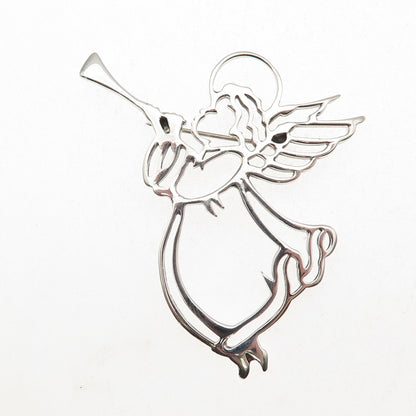 925 Sterling Silver Vintage Angel Playing Trumpet Pin Brooch