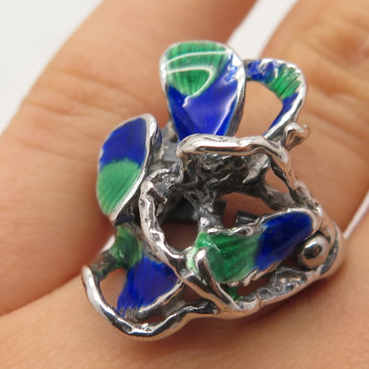 925 Sterling Silver Vintage Colorful Enamel Modernist Ring Size 6.75