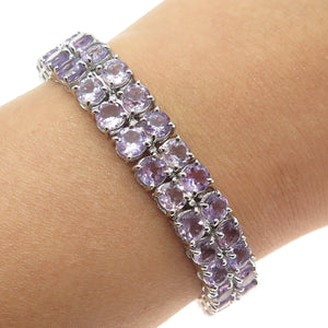 925 Sterling Silver Round-Cut Amethyst Gem 2-Row Tennis Link Bracelet 7.5"