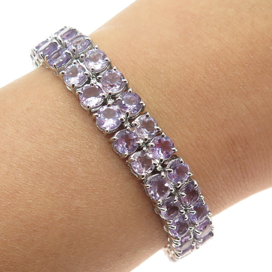 925 Sterling Silver Round-Cut Amethyst Gem 2-Row Tennis Link Bracelet 7.5"