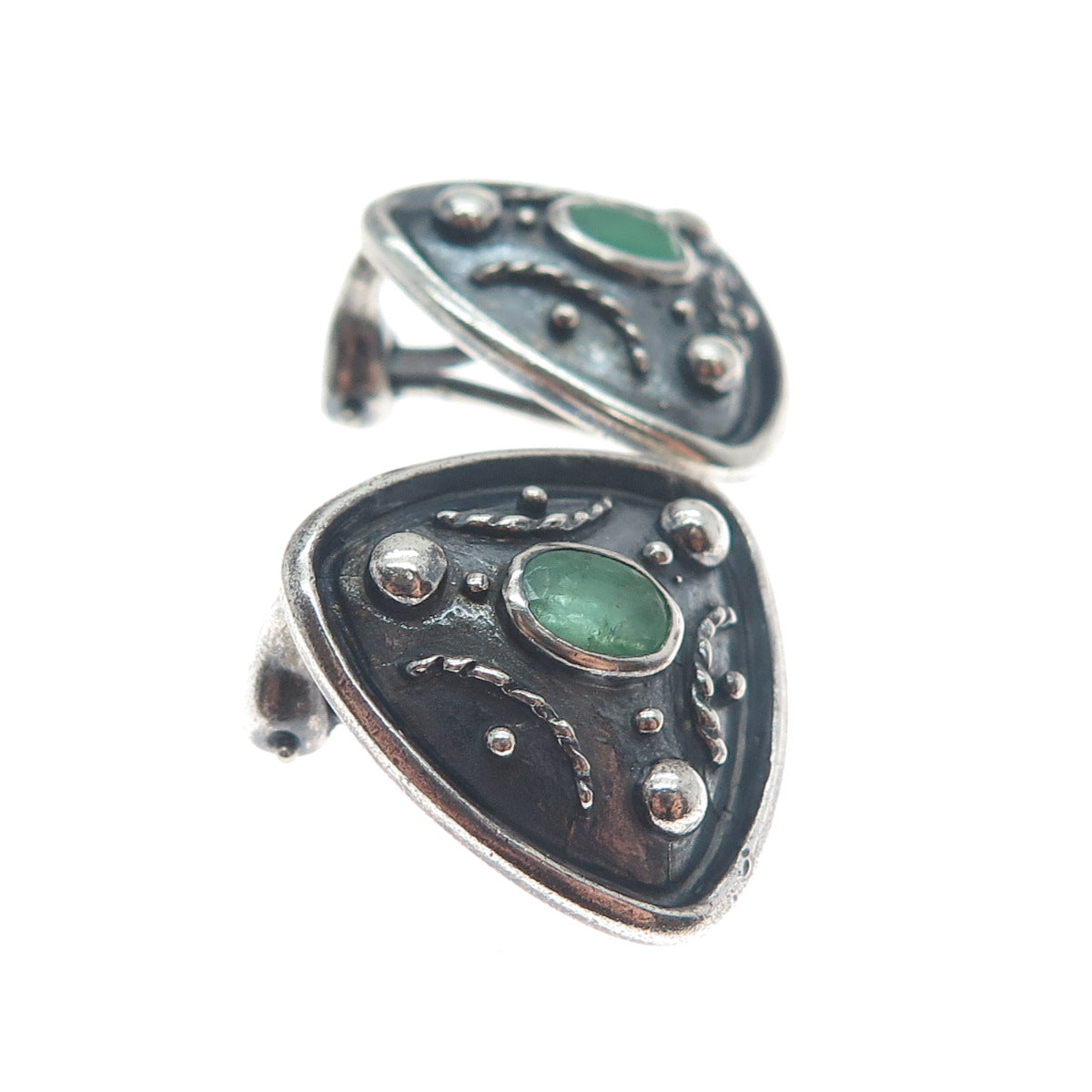 925 Sterling Silver Vintage Real Emerald Modernist Oxidized Clip On Earrings
