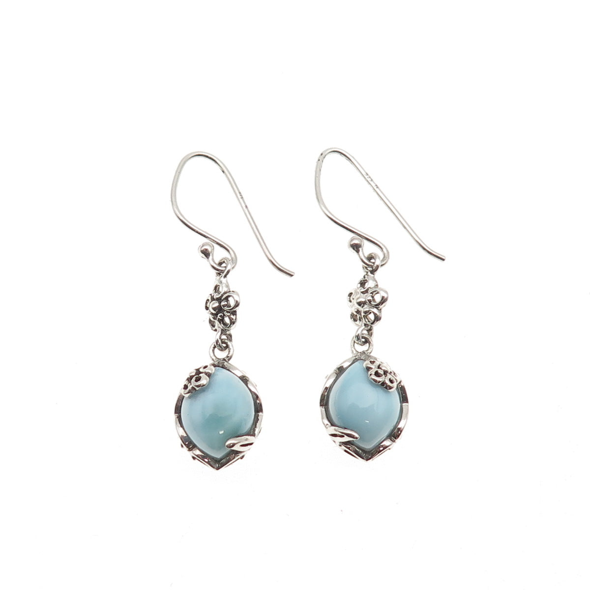 925 Sterling Silver Vintage Real Larimar Floral Dangle Earrings