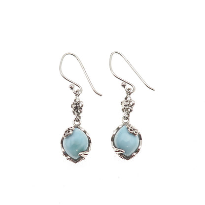 925 Sterling Silver Vintage Real Larimar Floral Dangle Earrings