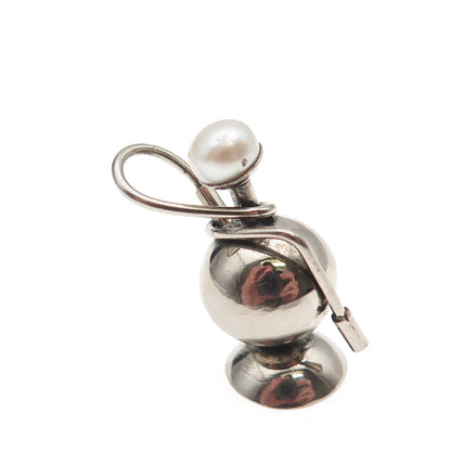 925 Sterling Silver Antique Art Deco Real Pearl Hookah 3D Charm Pendant