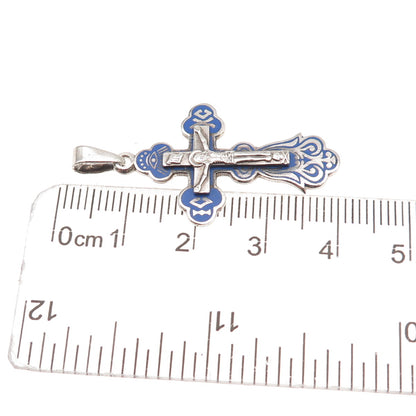 925 Sterling Silver Vintage Enamel Save & Protect Orthodox Cross Charm Pendant