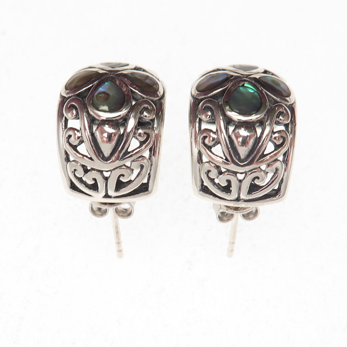 SX Sally C Sterling Silver Vintage Real Abalone Shell Floral Oxidized Earrings