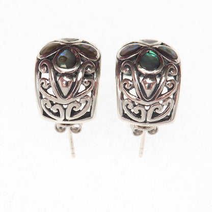 SX Sally C Sterling Silver Vintage Real Abalone Shell Floral Oxidized Earrings
