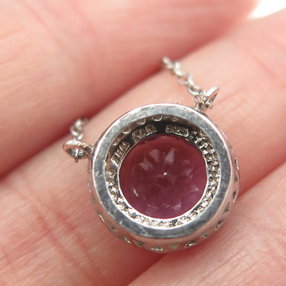 925 Sterling Silver Real Round-Cut Diamond & Amethyst Cable Chain Necklace 18"