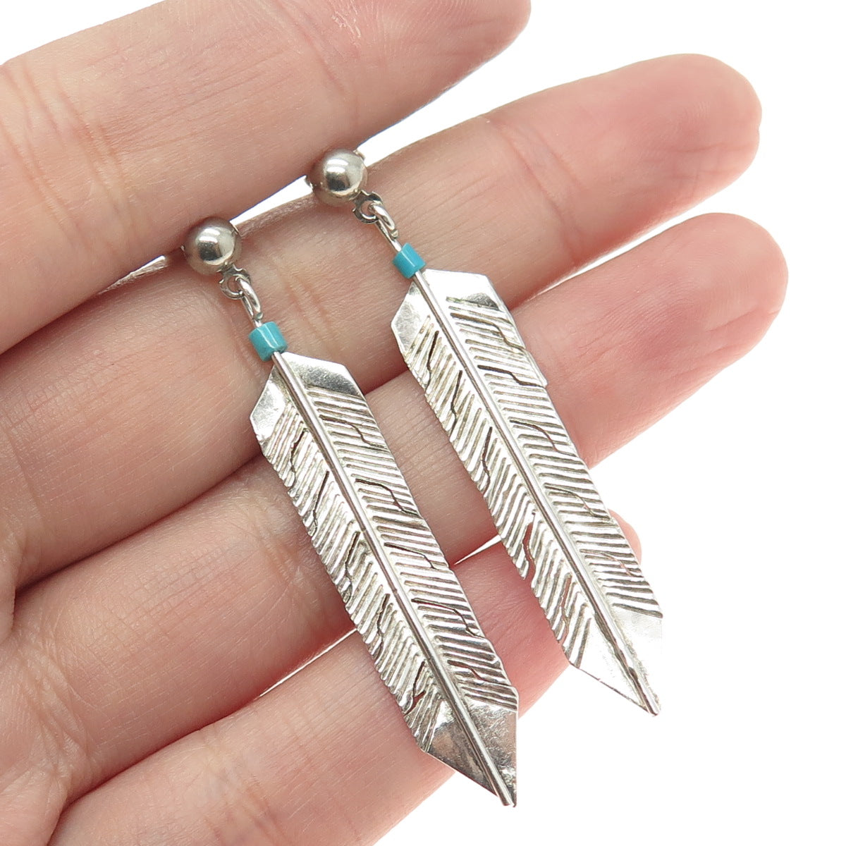 Old Pawn Sterling Silver Vintage Southwestern Bisbee Turquoise Feather Earrings