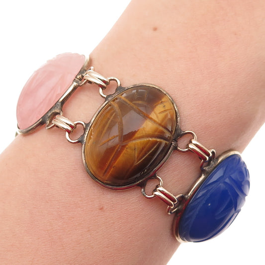 1/20 12K Gold Filled Vintage Real Multi-Color Gem Scarab Bracelet 7"