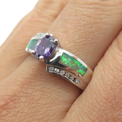 925 Sterling Silver Vintage Real Amethyst Opal & C Z Bypass Ring Size 9.25