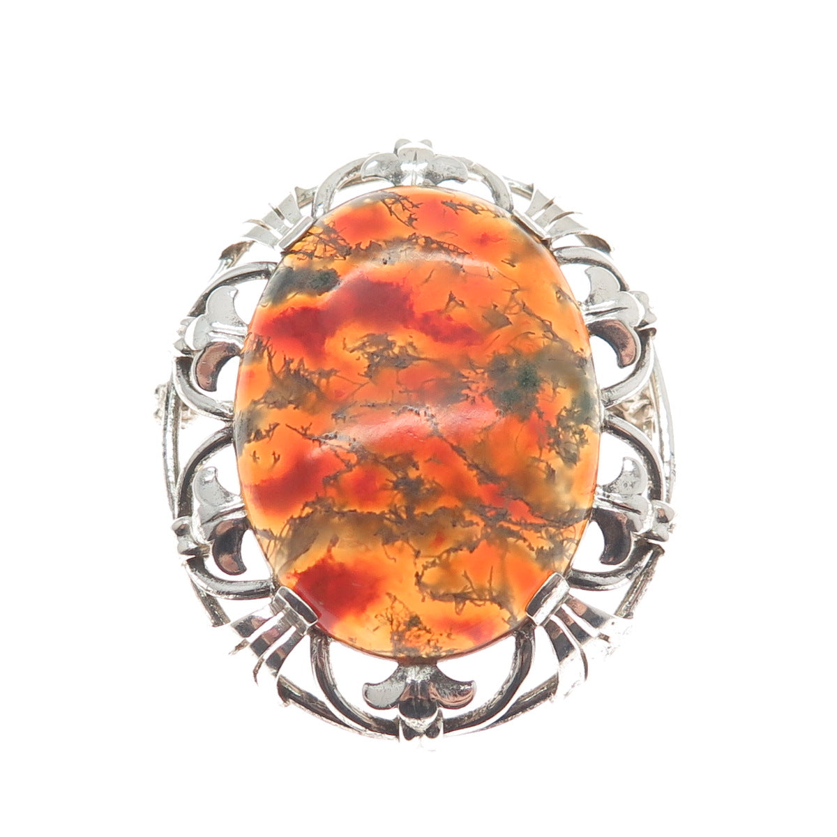 835 Silver Vintage Netherlands Real Fire Agate Gem Ornate Frame Pendant / Brooch
