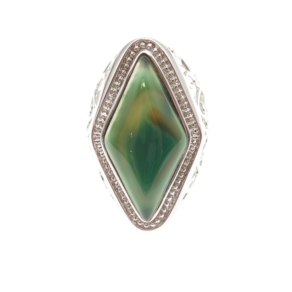 Ken Crafts 925 Sterling Silver Real Green Agate Floral Scroll Ring Size 7.5