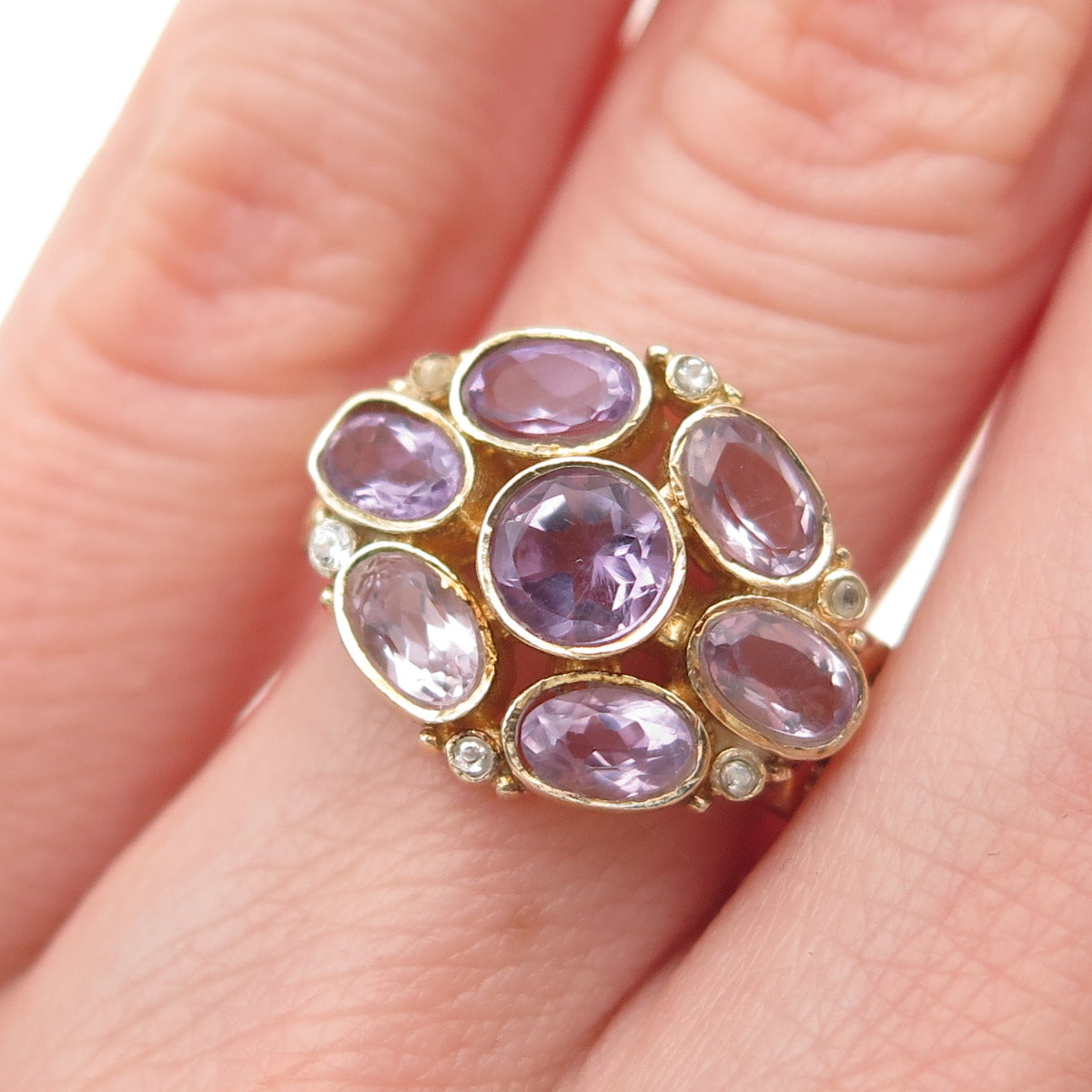 925 Sterling Silver Gold Plated Vintage Real Amethyst & C Z Ring Size 5.25
