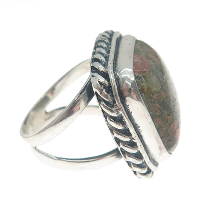 925 Sterling Silver Vintage Real Cushion-Cut Unakite Twisted Bezel Ring Size 8