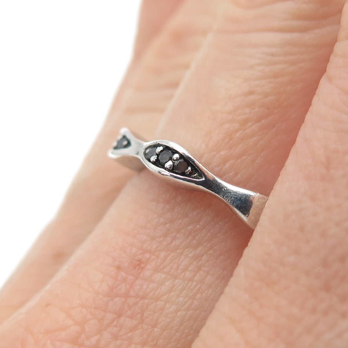 J. STELLA Sterling Silver Real Round-Cut Black Diamond Stackable Ring Size 7.25