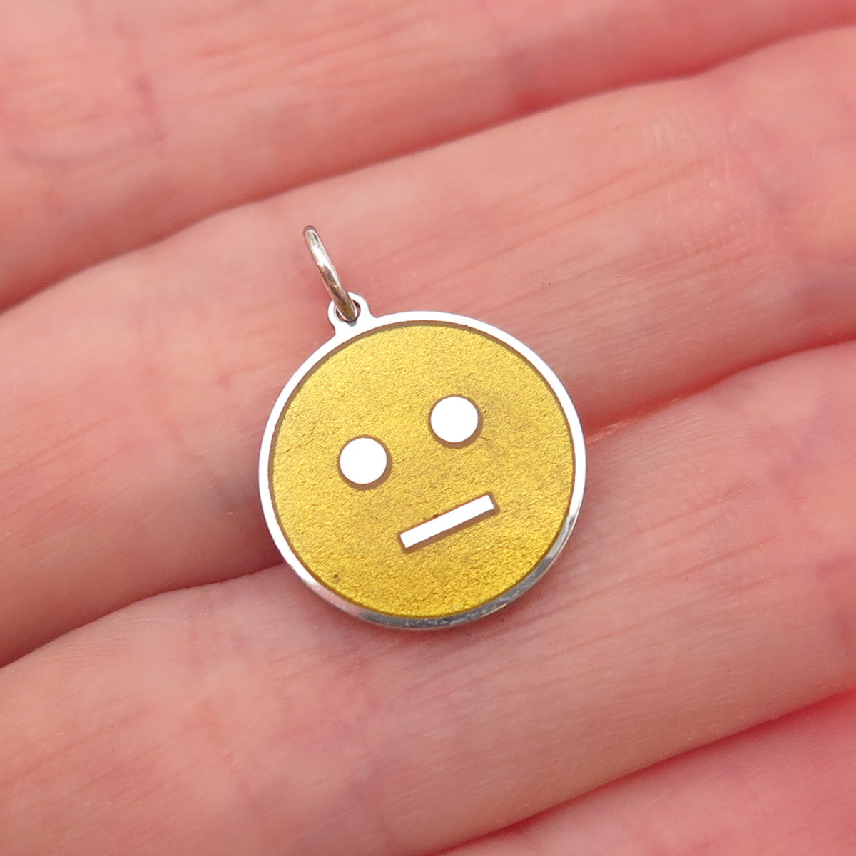 925 Sterling Silver Yellow Enamel Neutral Face Emoji Charm Pendant