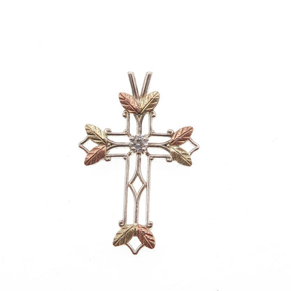 COLEMAN Sterling Silver 12K Rose & Yellow Gold Vintage C Z Floral Cross Pendant