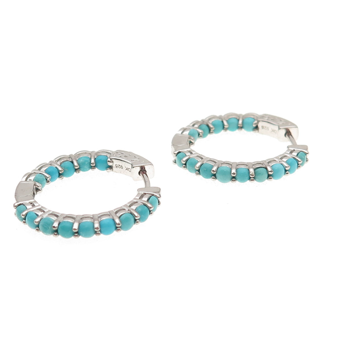 925 Sterling Silver Real Tyrone Turquoise In & Out Hoop Earrings
