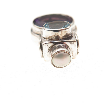 925 Sterling Vintage Real Amethyst Blue Topaz & Pearl Modernist Slide Pendant