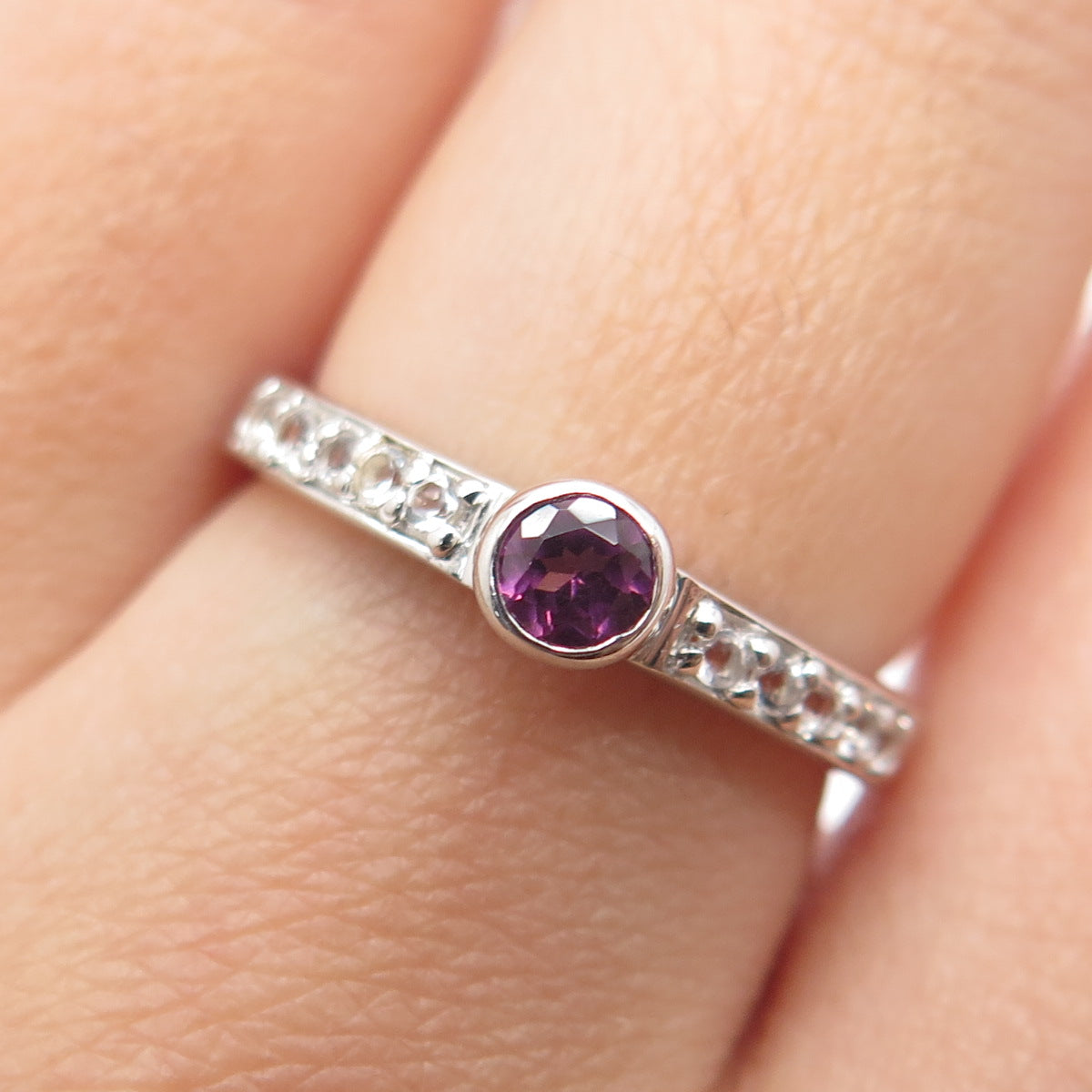 925 Sterling Silver Real Round-Cut Amethyst & White Topaz Ring Size 7