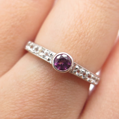 925 Sterling Silver Real Round-Cut Amethyst & White Topaz Ring Size 7