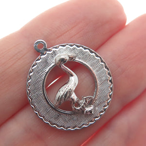 ELCO 925 Sterling Silver Vintage Flamingo Bird Minimalist Round Charm Pendant