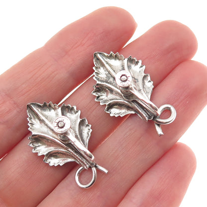 925 Sterling Silver Antique Art Deco Floral Oxidized Screw Back Earrings