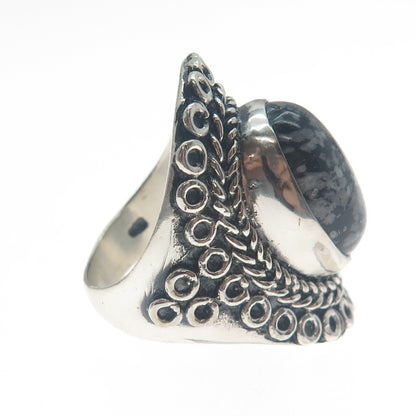 925 Sterling Silver Vintage Snowflake Obsidian Circle Link Oxidized Ring Size 9