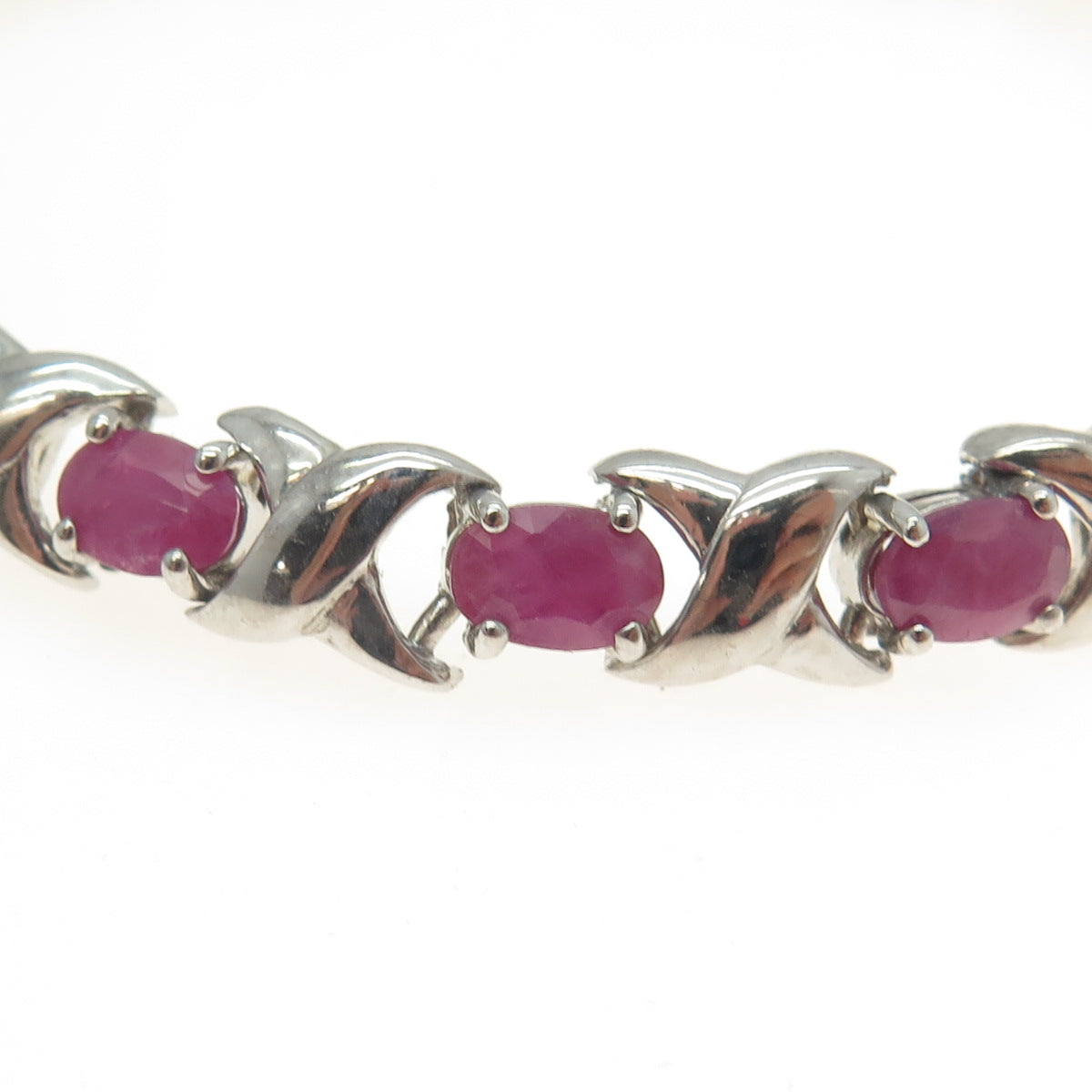 925 Sterling Silver Real Ruby "X" Tennis Link Bracelet 7.5"